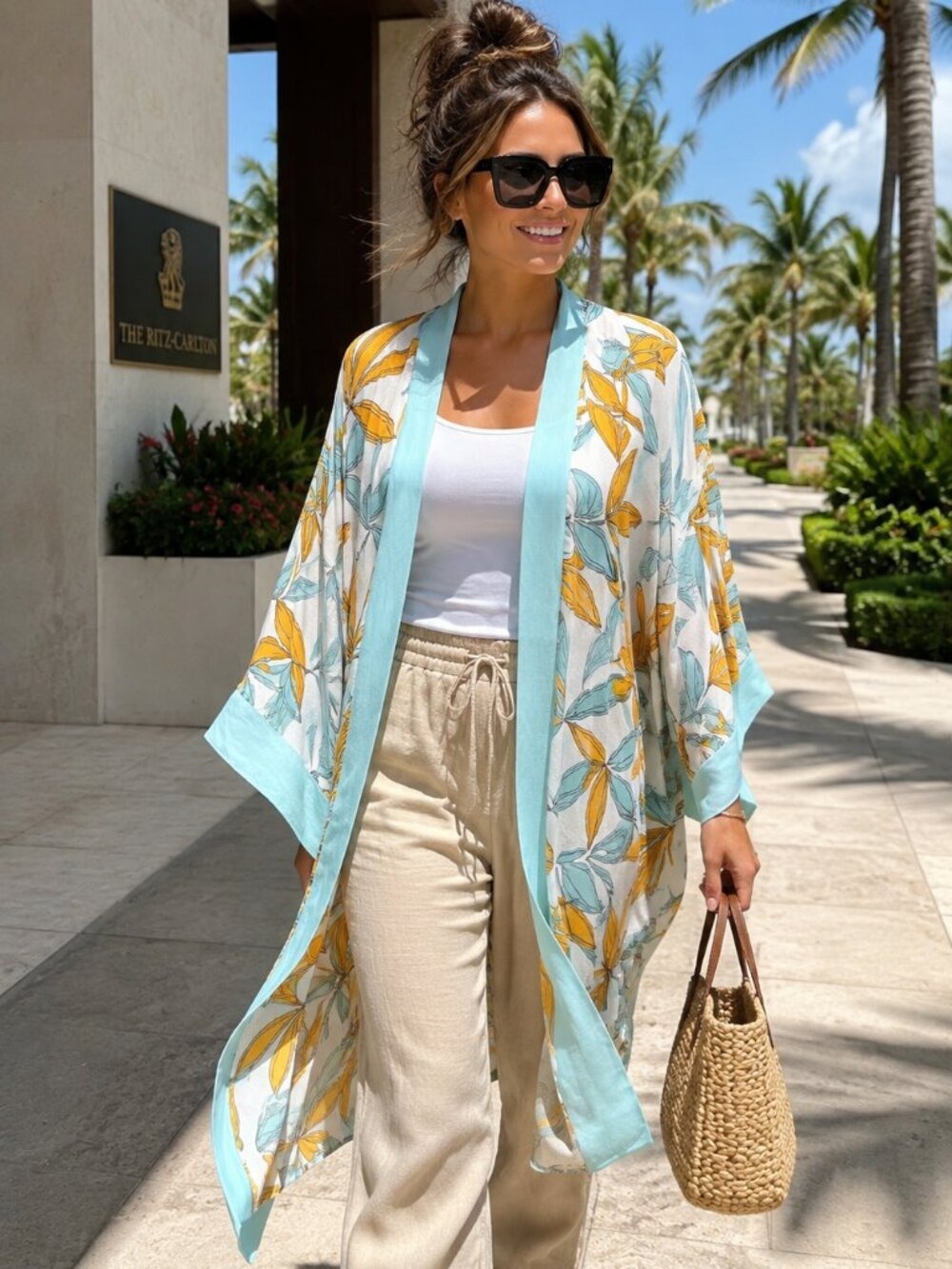 NWT Coco + Carmen Floral Kimono Swim Cover Up Aqua Yellow One Size Boho Duster